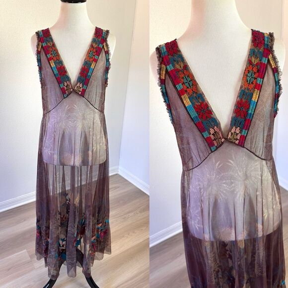 Johnny Was Dresses & Skirts - BIYA Johnny Was V Neck Embroidered Nylon Mesh Maxi Dress No Slip 36” Bust
